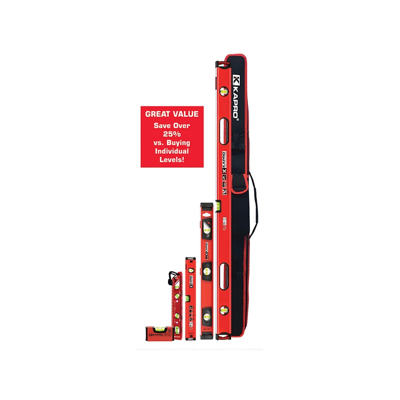 Kapro 985M-48-TBS 6pc. Tradesmans Set -inclues 246M pocket level , 925M billet torpedo, 24"Mag Samson I-beam , 48" Mag Apollo, 12" tool box level and multi level bag