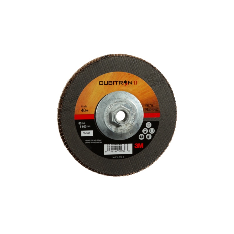 3M Cubitron II Flap Disc 967A, 40+, T27 Quick Change, 7 in x 5/8"-11,Giant