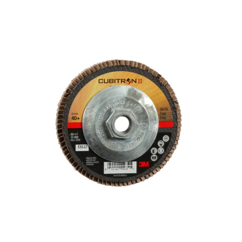 3M Cubitron II Flap Disc 967A, 40+, T27 Quick Change, 4-1/2 in x5/8"-11, Giant